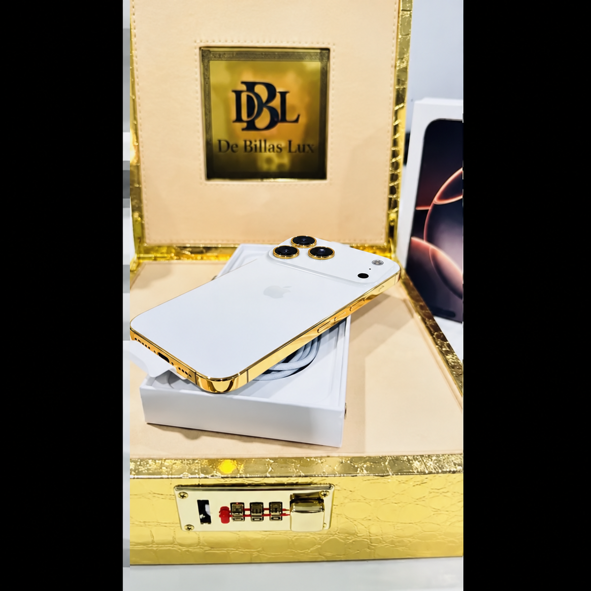 Custom 24K Gold iPhone 18 Pro Max White Back 1 TB — rear view 2, corrected camera, flash and LiDAR layout