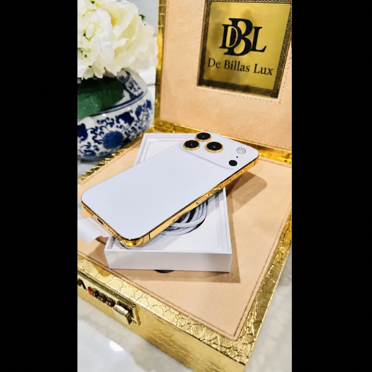 Custom 24K Gold iPhone 18 Pro Max White Back 1 TB — rear view 6, corrected camera, flash and LiDAR layout