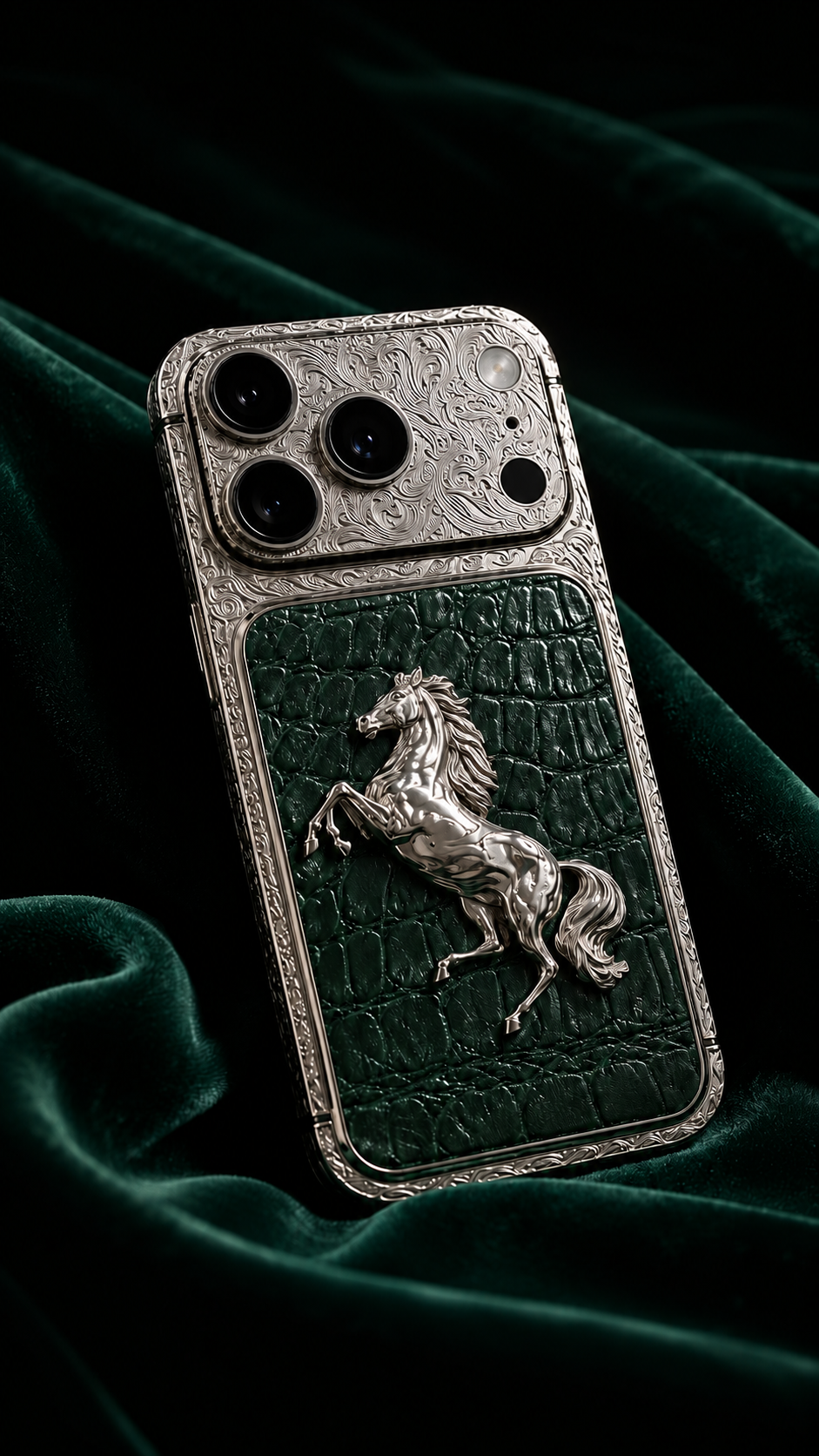 Custom Platinum iPhone 18 Pro Max – Green Leather Equestrian Edition — rear view 1, corrected camera, flash and LiDAR layout