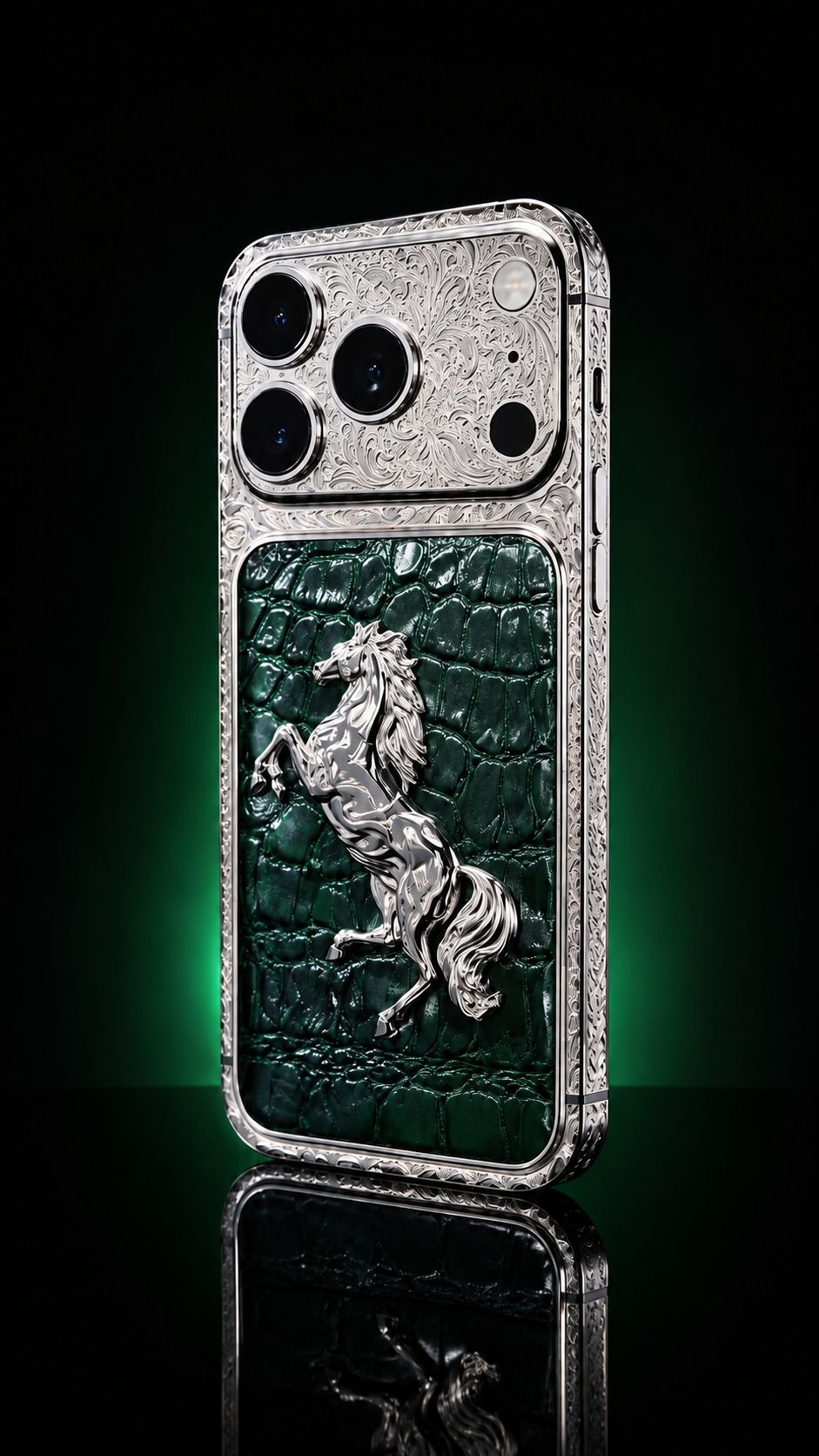 Custom Platinum iPhone 18 Pro Max – Green Leather Equestrian Edition — rear view 3, corrected camera, flash and LiDAR layout