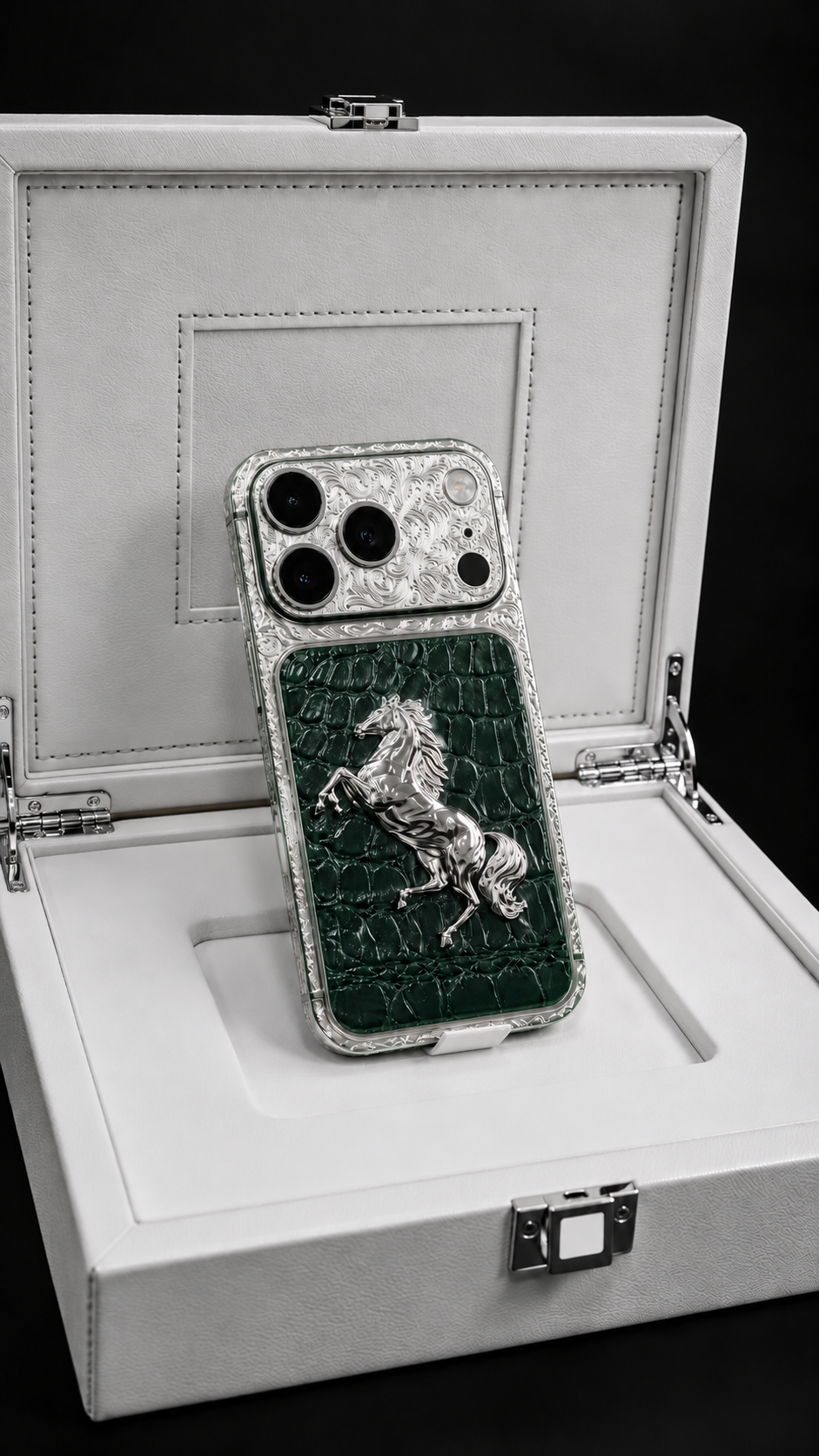 Custom Platinum iPhone 18 Pro Max – Green Leather Equestrian Edition — rear view 5, corrected camera, flash and LiDAR layout