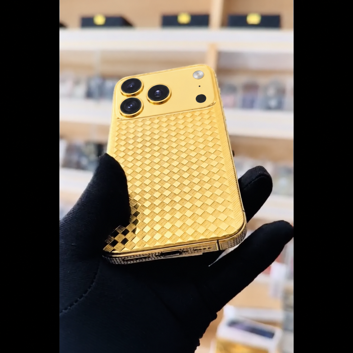 De Billas Lux custom gold Rhomboid phone — rear view 2, three cameras at left and flash, microphone and LiDAR at right