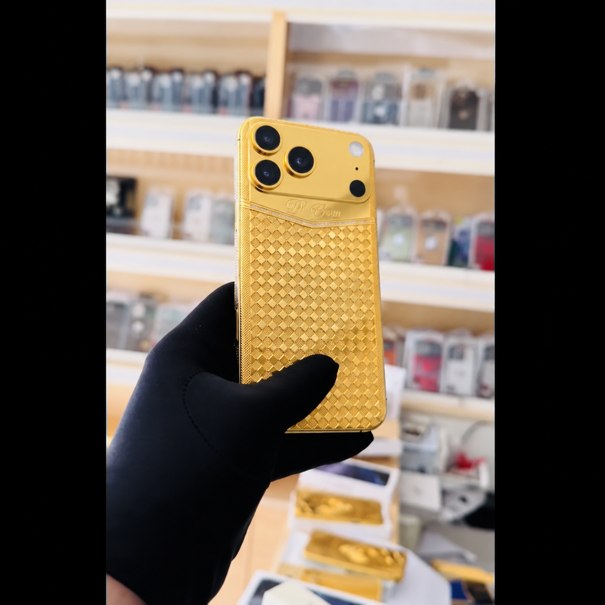 De Billas Lux custom gold Rhomboid phone — rear view 5, three cameras at left and flash, microphone and LiDAR at right