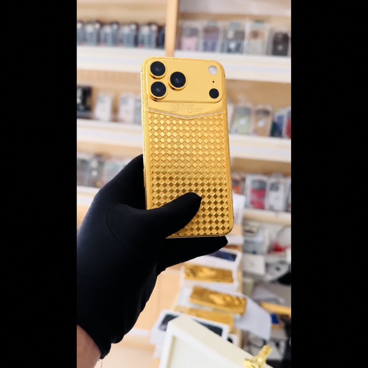 De Billas Lux custom gold Rhomboid phone — rear view 7, three cameras at left and flash, microphone and LiDAR at right