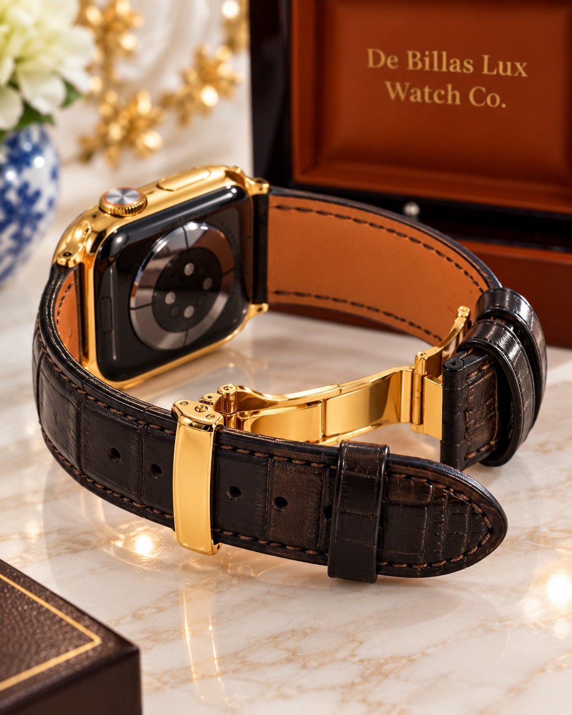 Black leather Apple Watch band with gold-plated deployment clasp open, tan lining and Series 9 case back visible
