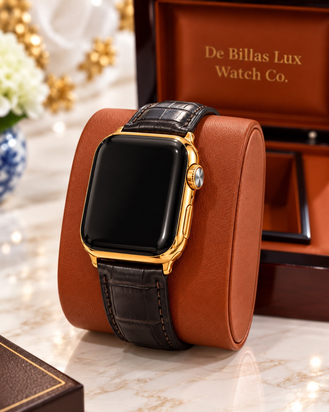 Front view of a custom 24K gold-plated Apple Watch Series 9 with black leather band on a brown presentation cushion