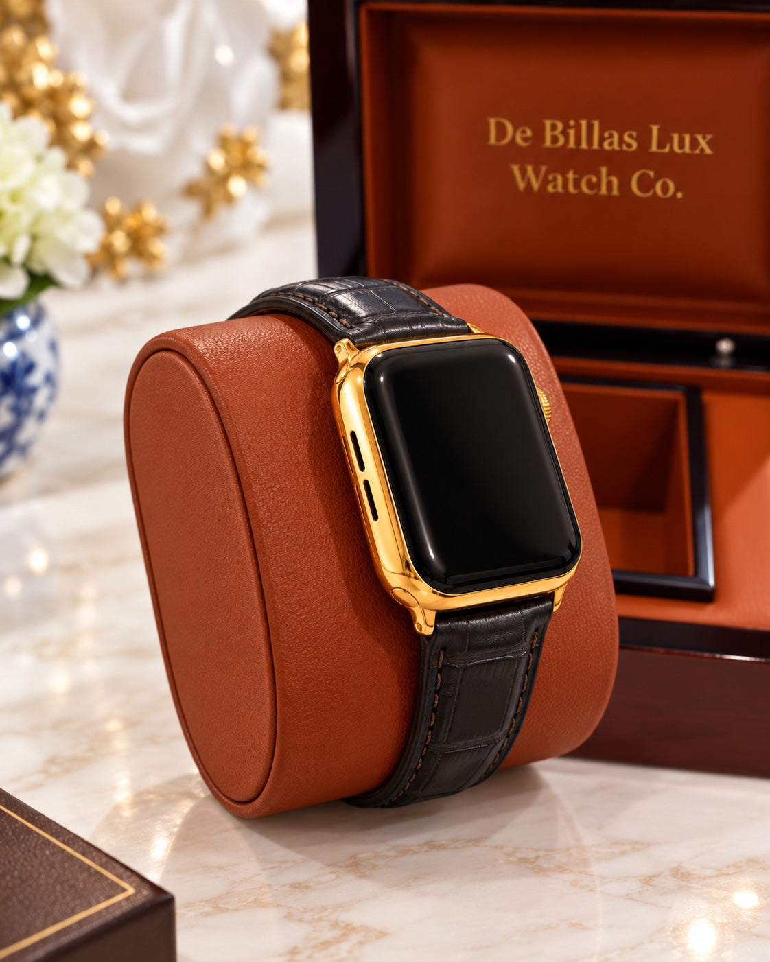 Speaker-side view of the custom gold-plated Apple Watch Series 9 with black leather band on a brown cushion