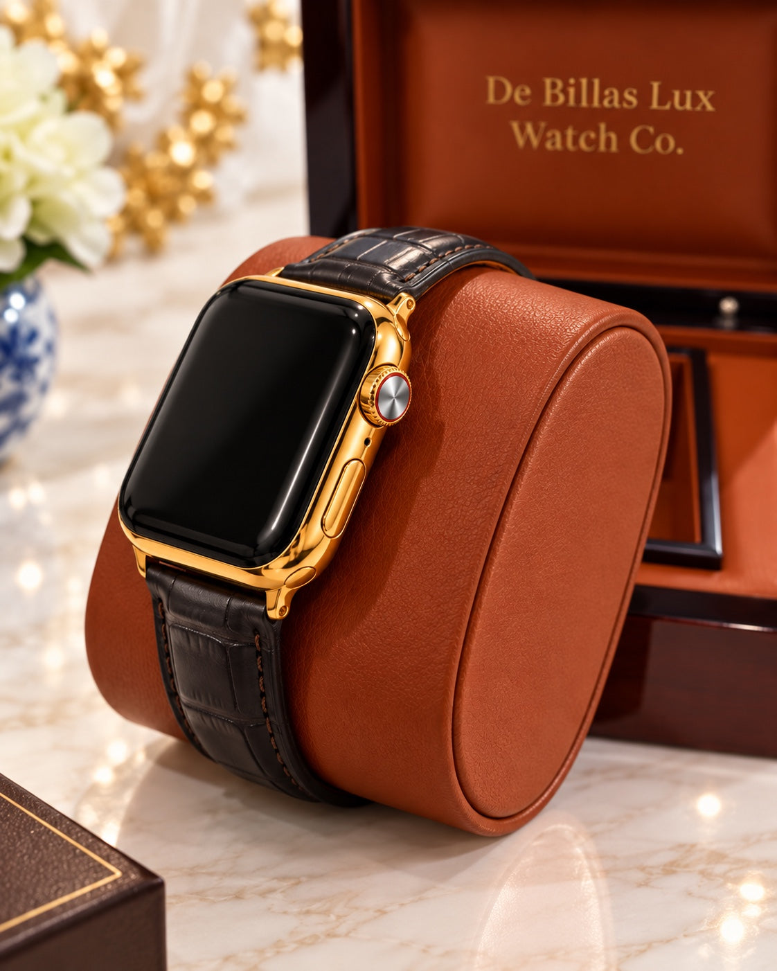 Three-quarter crown-side view of a 24K gold-plated Apple Watch Series 9 with black leather band and silver crown face