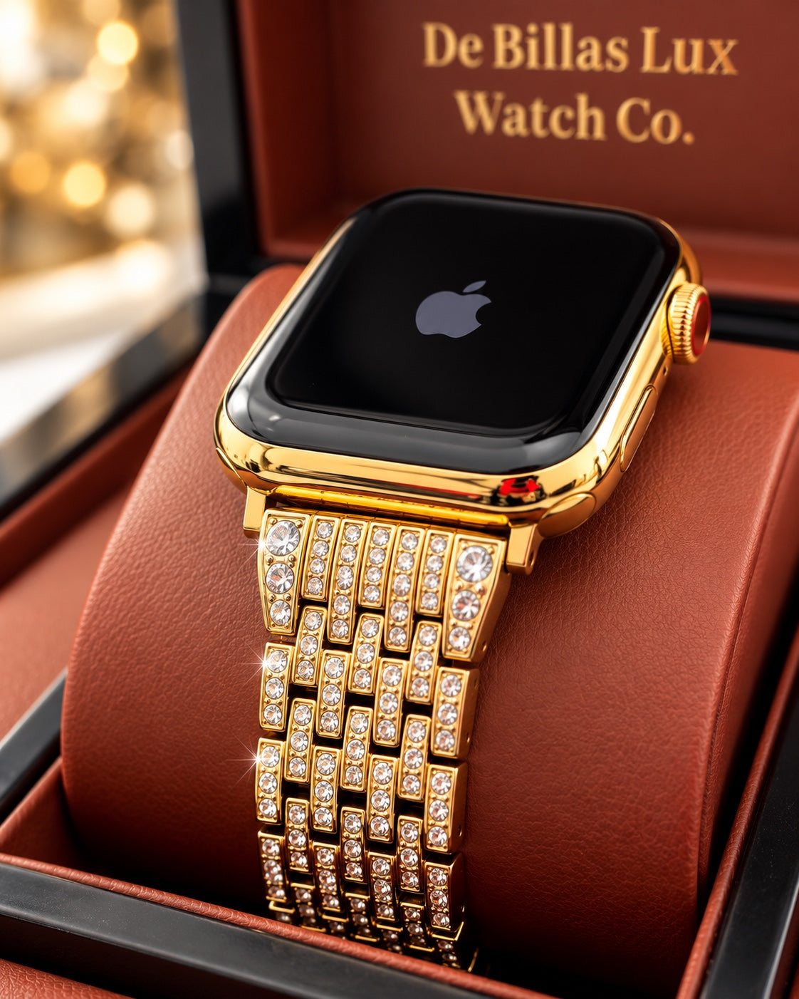 Close-up of the polished gold Apple Watch case and rhinestone link band on a brown cushion