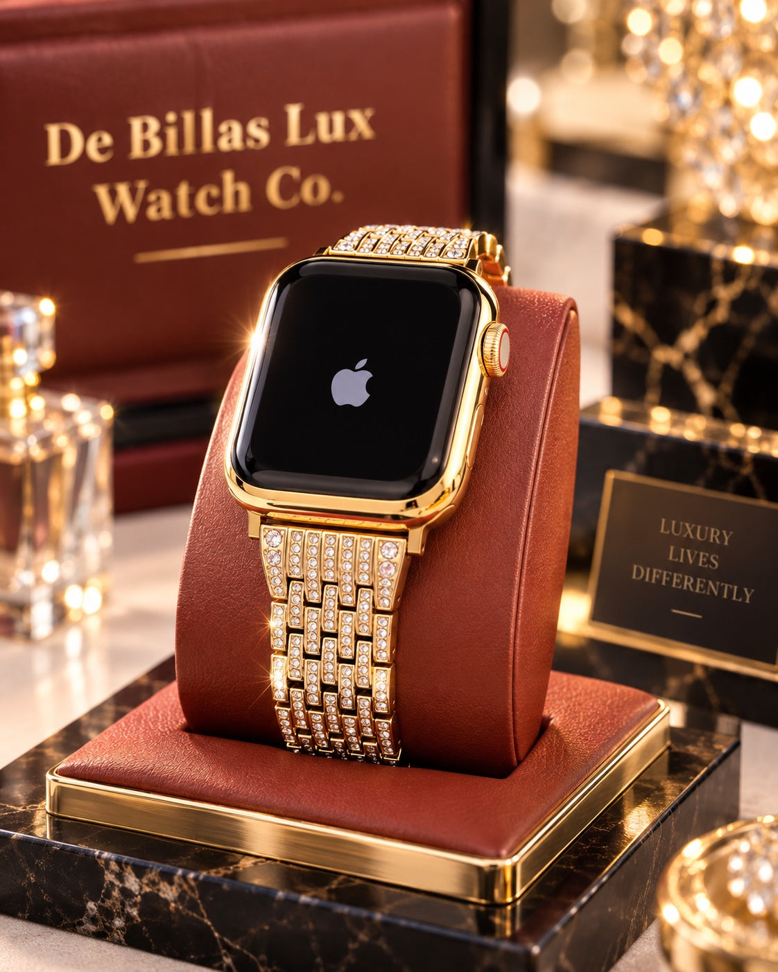 Custom gold Apple Watch with rhinestone link band on a brown display stand with warm lighting