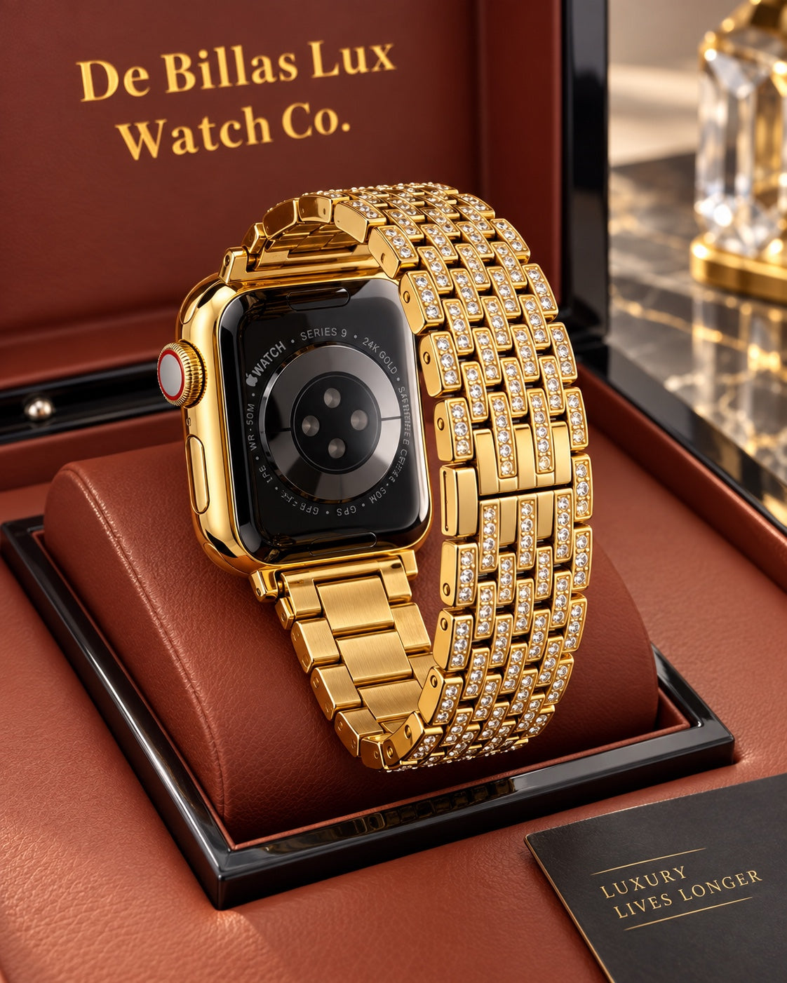 Custom 24K gold Apple Watch Series 9 with rhinestone link band, rear and bracelet view in a De Billas Lux presentation box