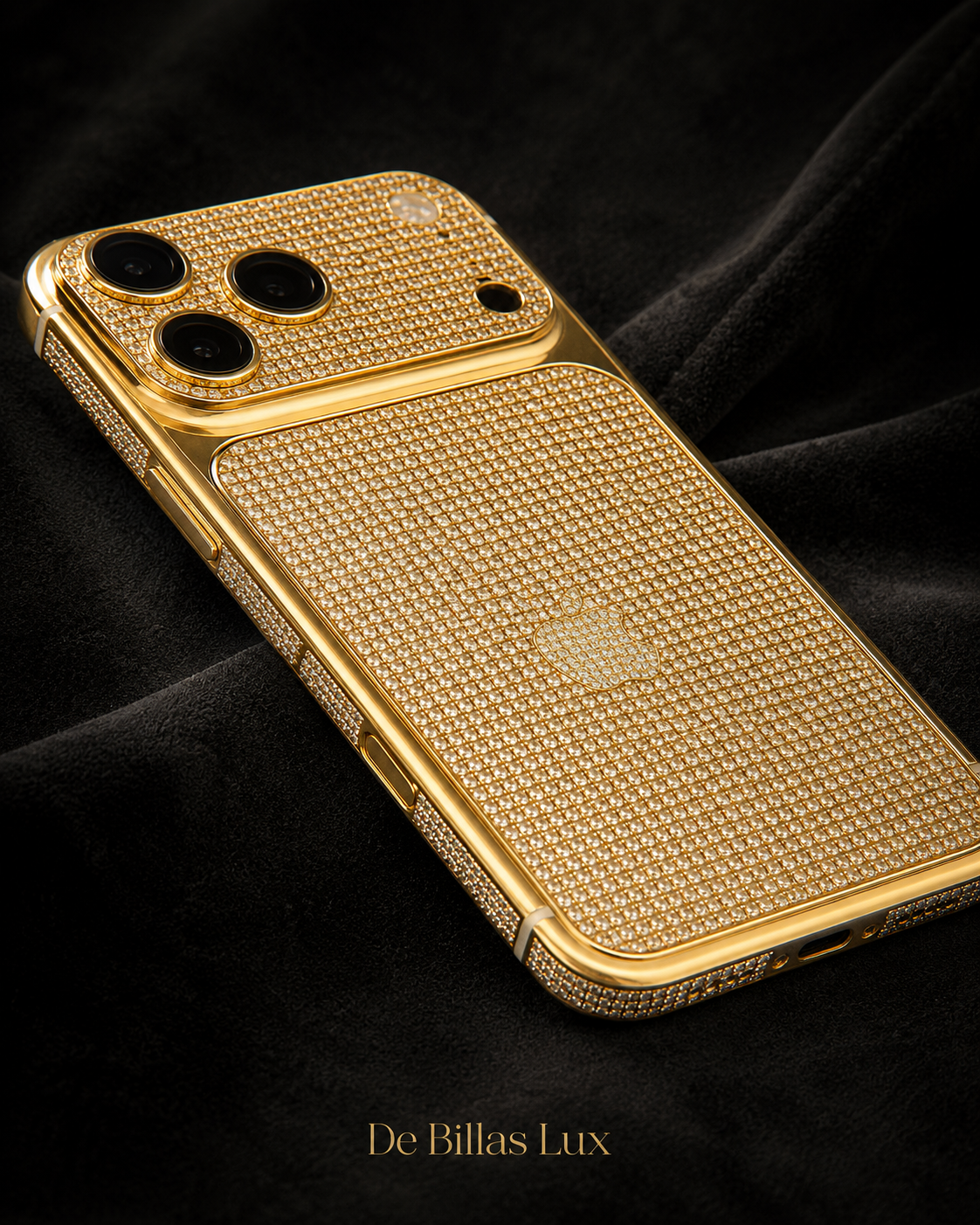 Angled back view of the custom 24K gold and diamond-inlaid iPhone 17 Pro Max.