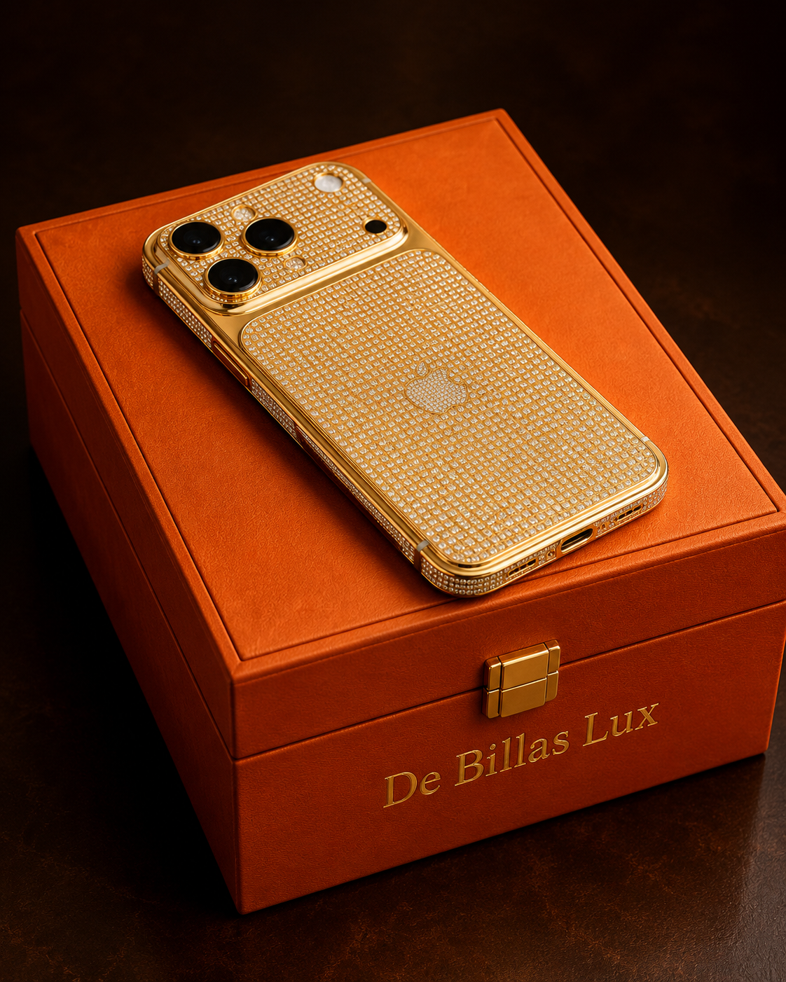 Custom 24K gold and diamond-inlaid iPhone 17 Pro Max displayed on its luxury box.