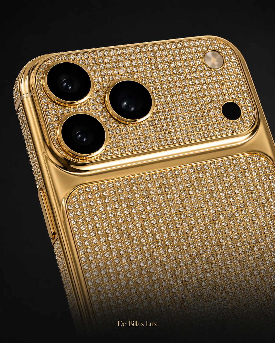 Camera and diamond-inlay detail of the custom 24K gold iPhone 17 Pro Max.