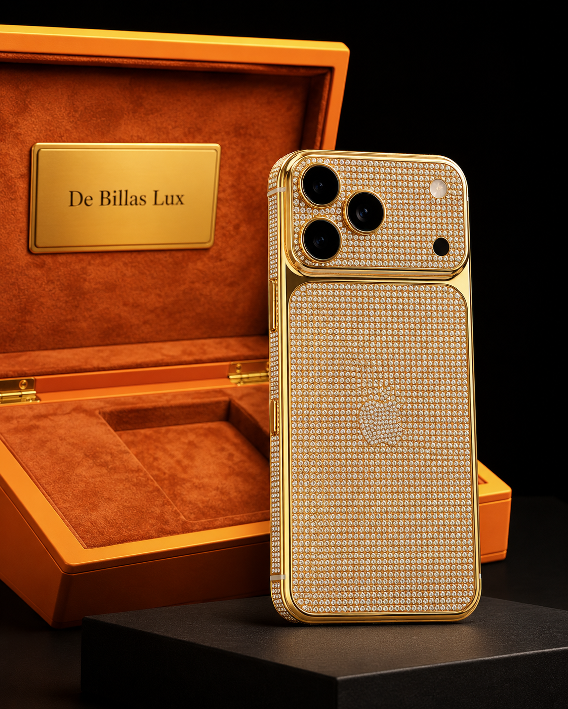 Custom 24K gold and diamond-inlaid iPhone 17 Pro Max shown with its De Billas Lux luxury presentation box.