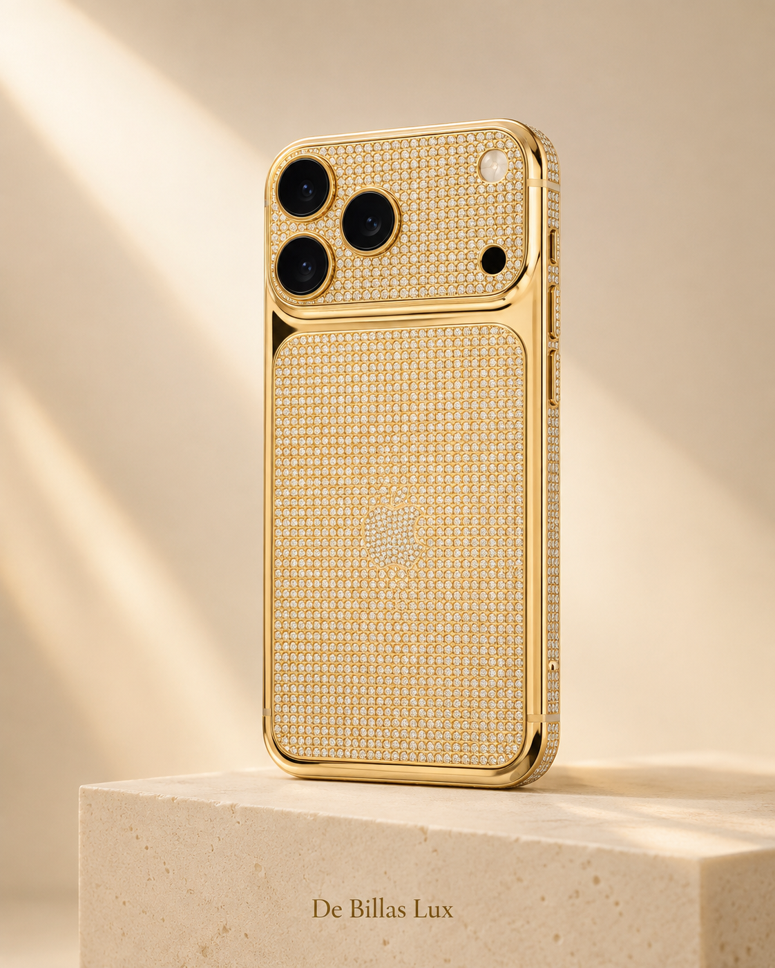 Portrait view of the custom 24K gold and diamond-inlaid iPhone 17 Pro Max.