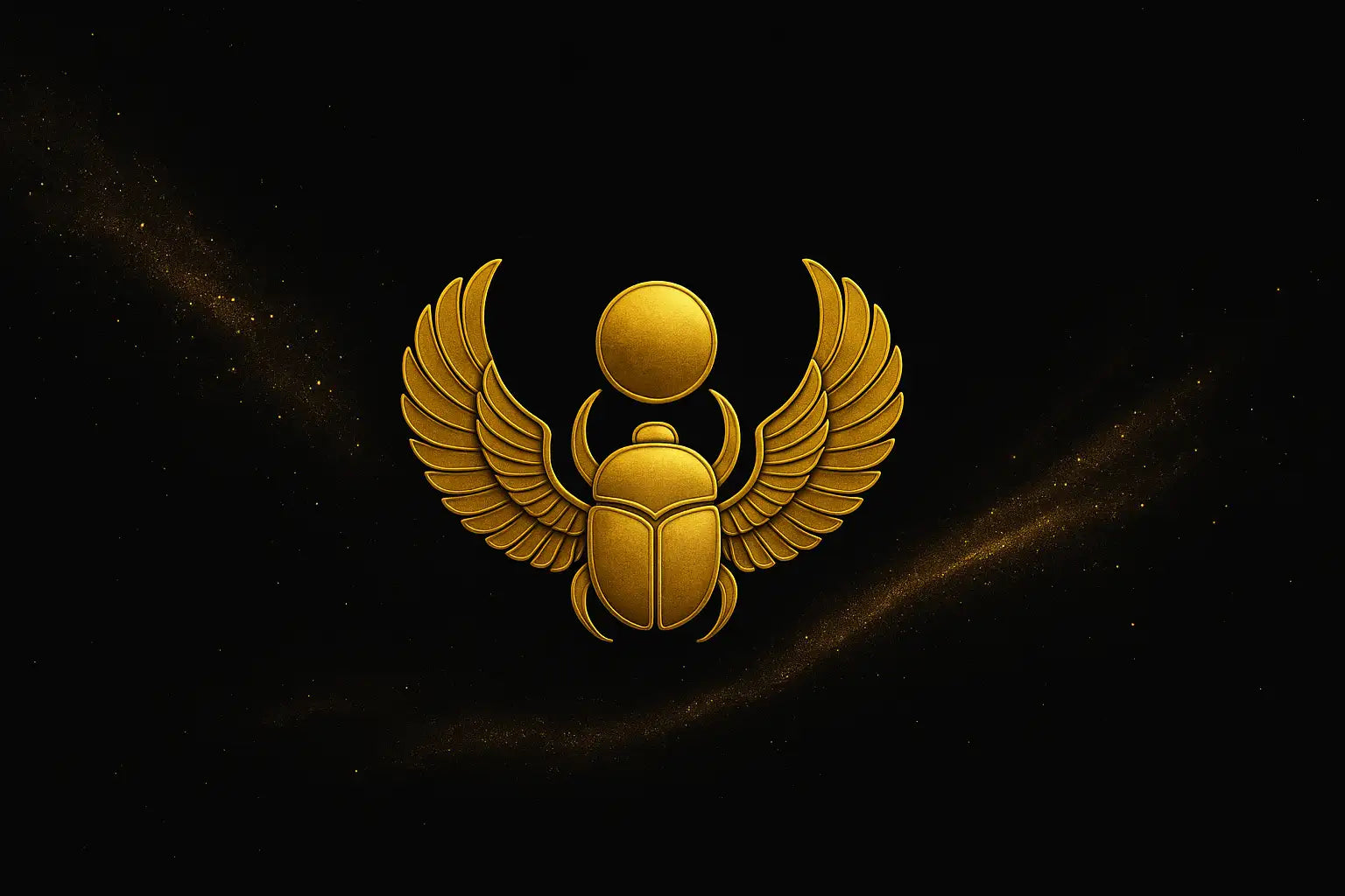 Golden scarab beetle emblem with outstretched wings and a sun disk above its head.