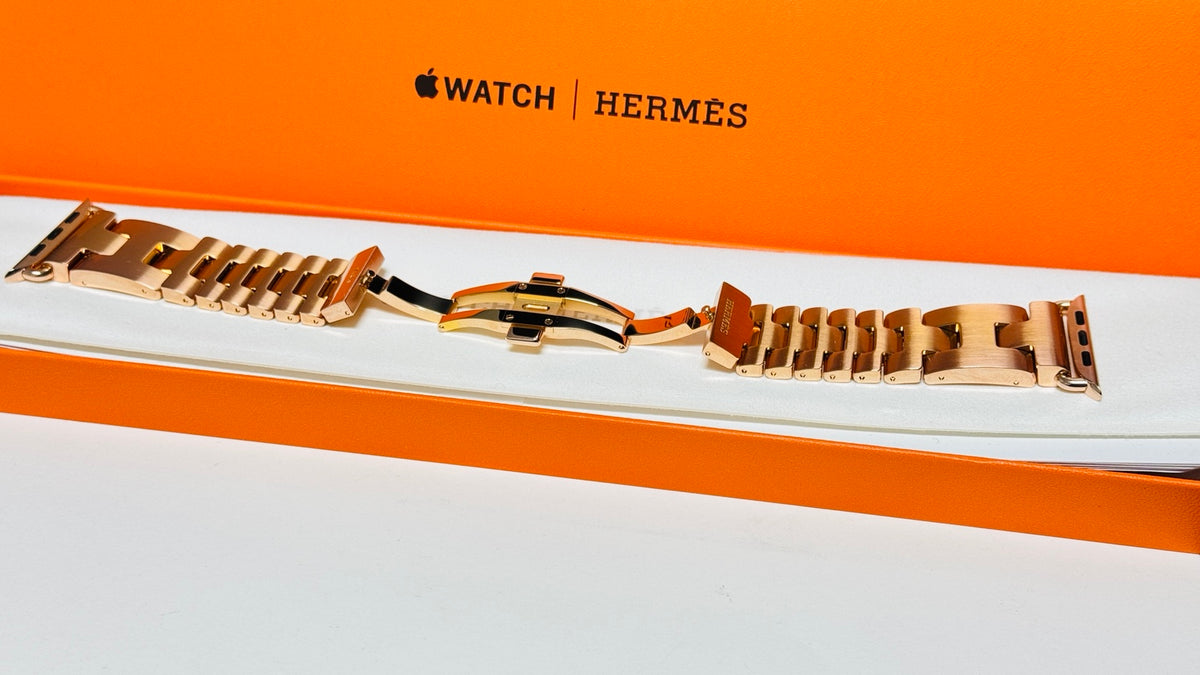 Authentic Hermès Grand H 46mm stainless steel band with custom rose gold plating — original product photo 1871