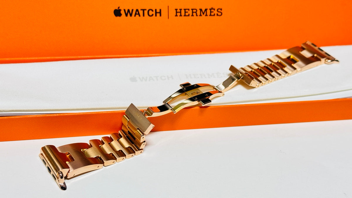 Authentic Hermès Grand H 46mm stainless steel band with custom rose gold plating — original product photo 1872