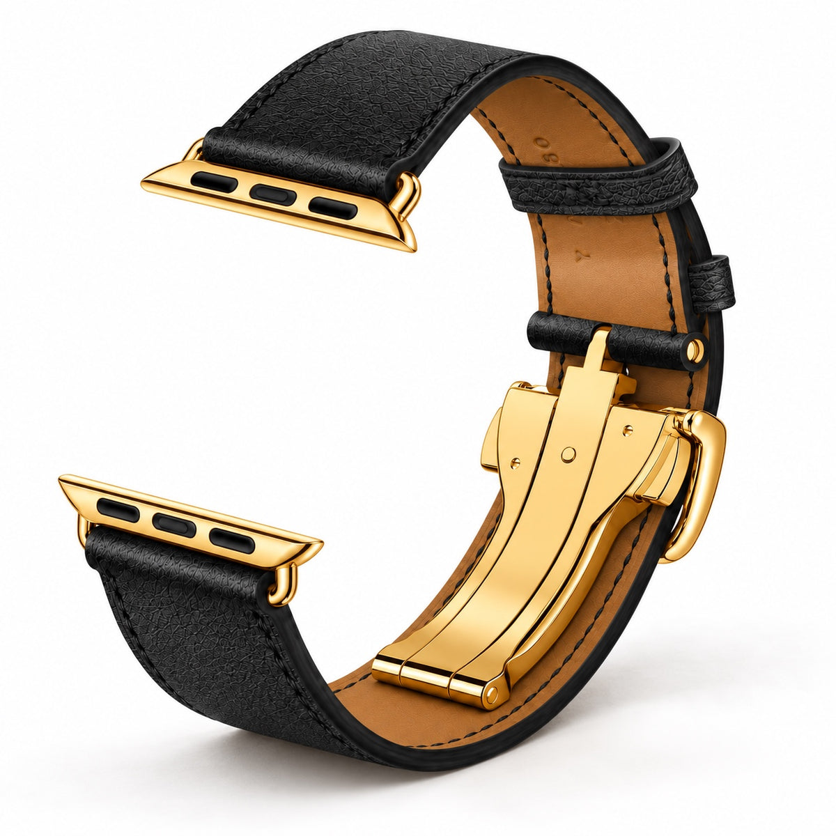 Angled view of Hermès Noir Single Tour leather band with custom 24K gold hardware