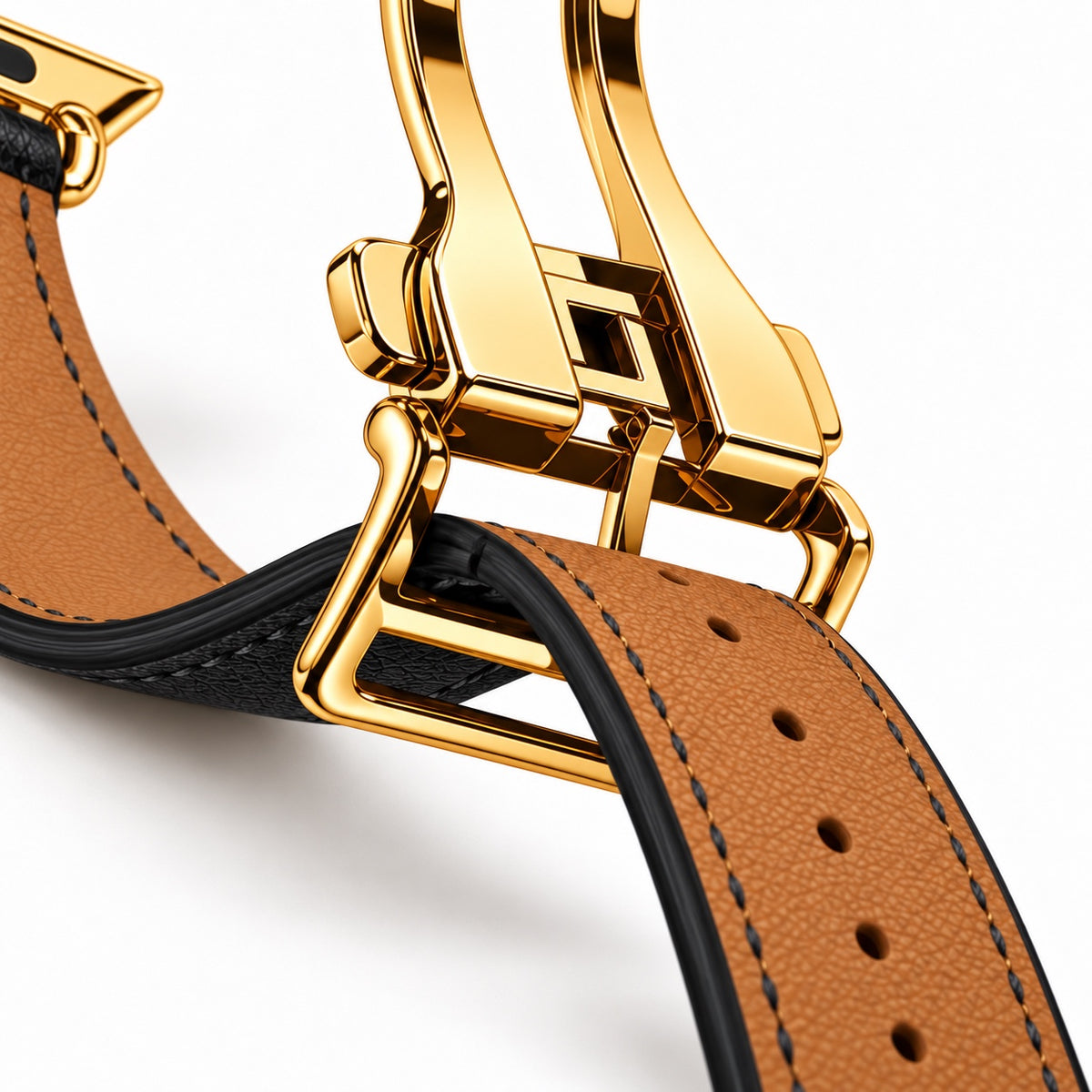 Hermès Noir leather lining and custom 24K gold-plated deployment clasp close-up