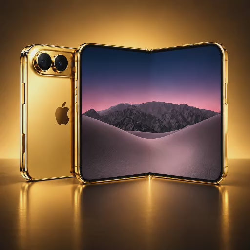 Animated rendering of custom gold iPhone Duo showing the open display and gold rear finish.