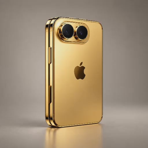 Animated rendering of the folded custom gold iPhone Duo showing its rear cameras and gold finish.