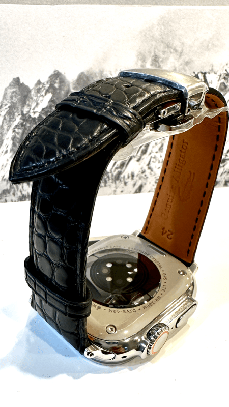 Black alligator grain leather band 24mm for Apple Watch Any Series size 42 44 45 and 49mm