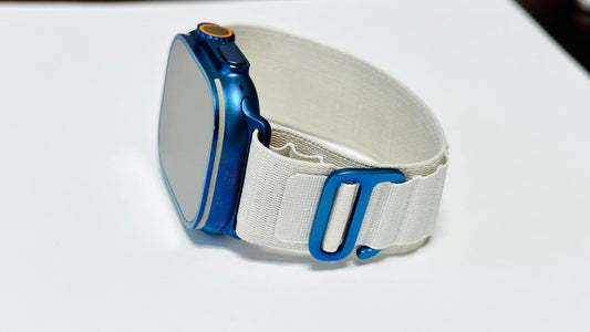 White Alpine band with anodized blue adapters and buckle (Apple branded band custom blue anodization)