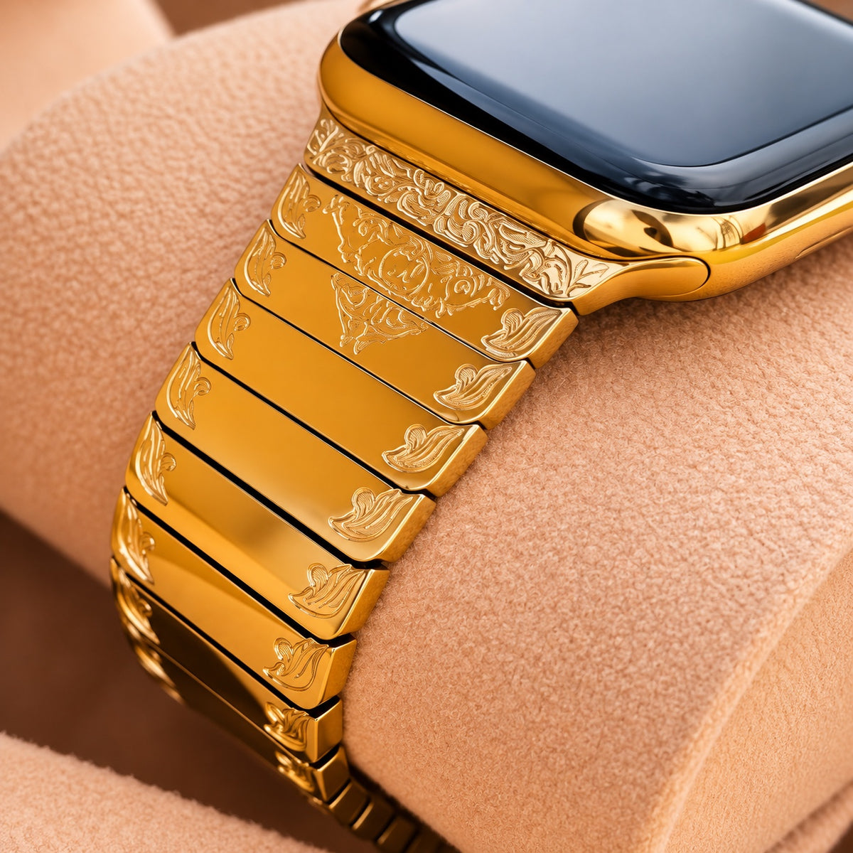 Close-up of engraved 24K gold link band and Apple Watch Series 9 case