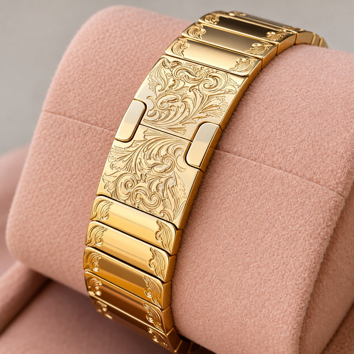 Angled close-up of engraved 24K gold link band clasp