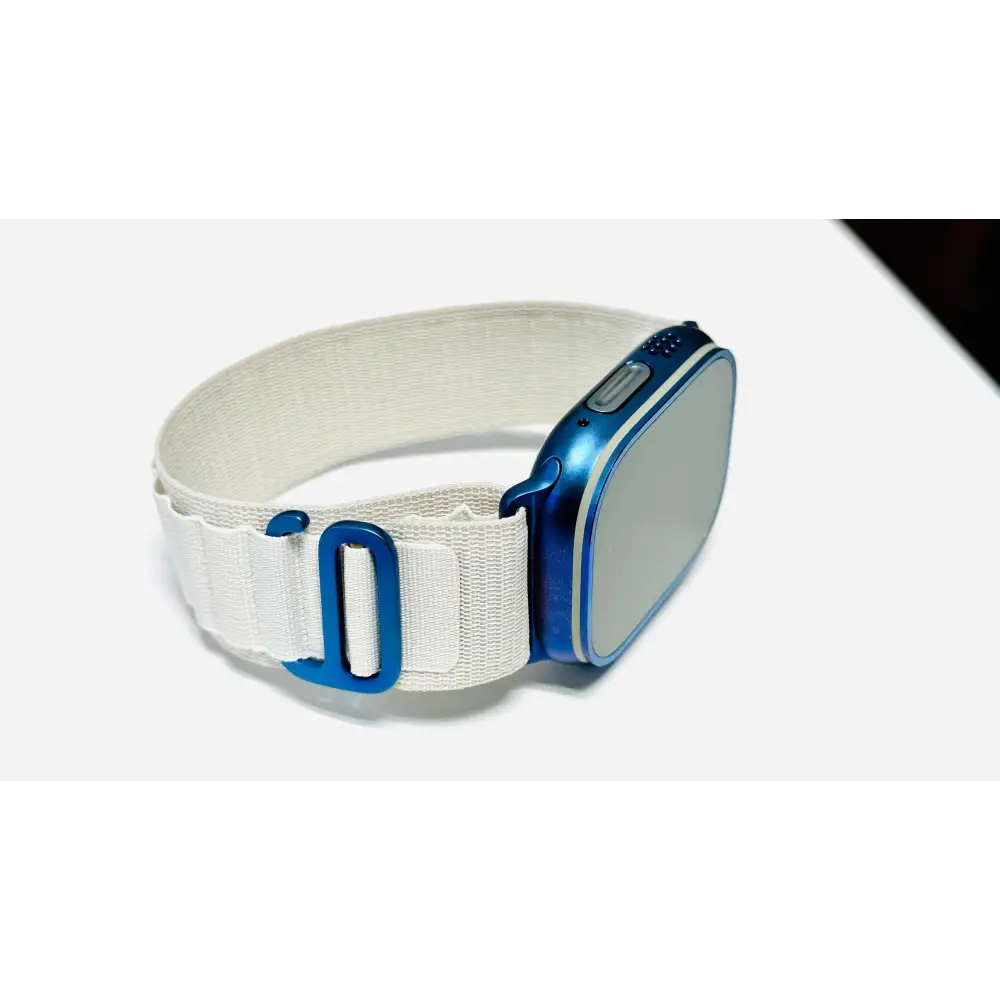 White Alpine band with anodized blue adapters and buckle (Apple branded band custom blue anodization)