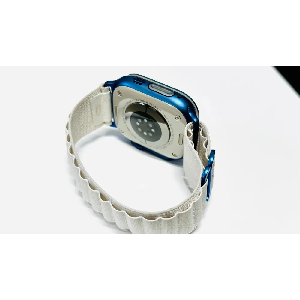 White Alpine band with anodized blue adapters and buckle (Apple branded band custom blue anodization)