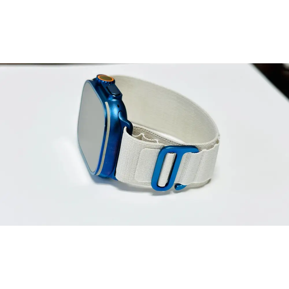 White Alpine band with anodized blue adapters and buckle (Apple branded band custom blue anodization)