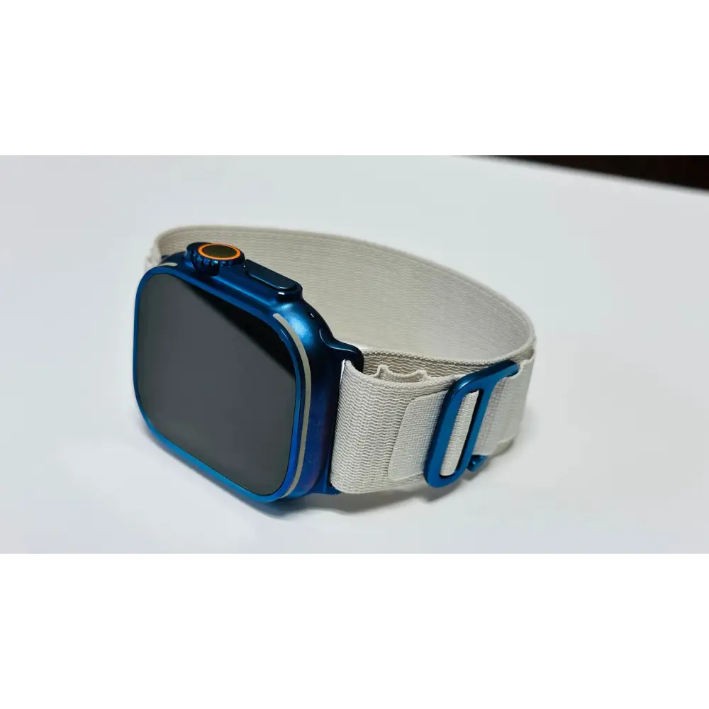 White Alpine band with anodized blue adapters and buckle (Apple branded band custom blue anodization)