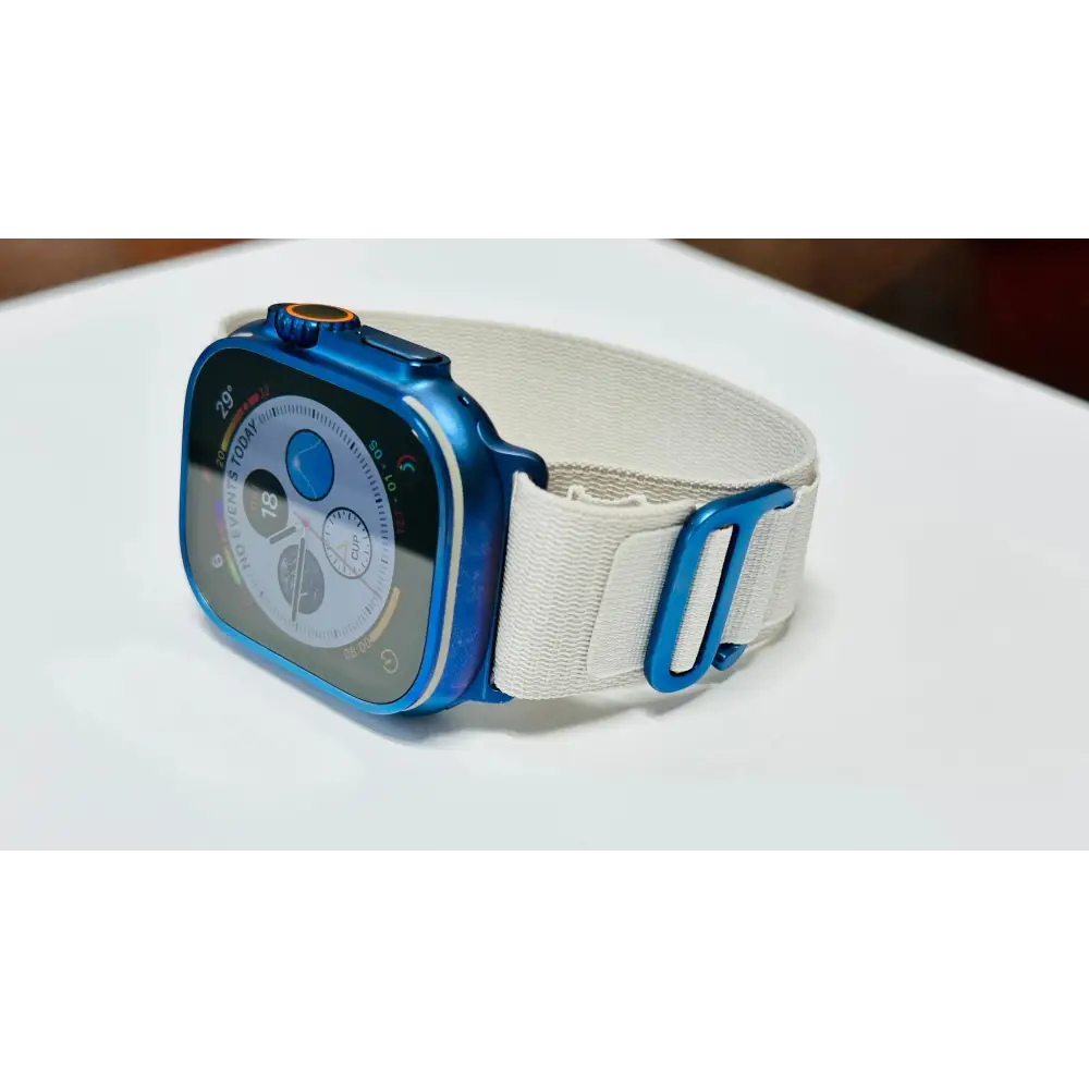 White Alpine band with anodized blue adapters and buckle (Apple branded band custom blue anodization)