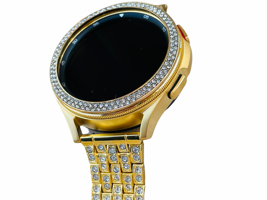 Custom 24k Gold Plated 46mm Samsung Galaxy Watch 4 Gold Diamond R And Sport  Band